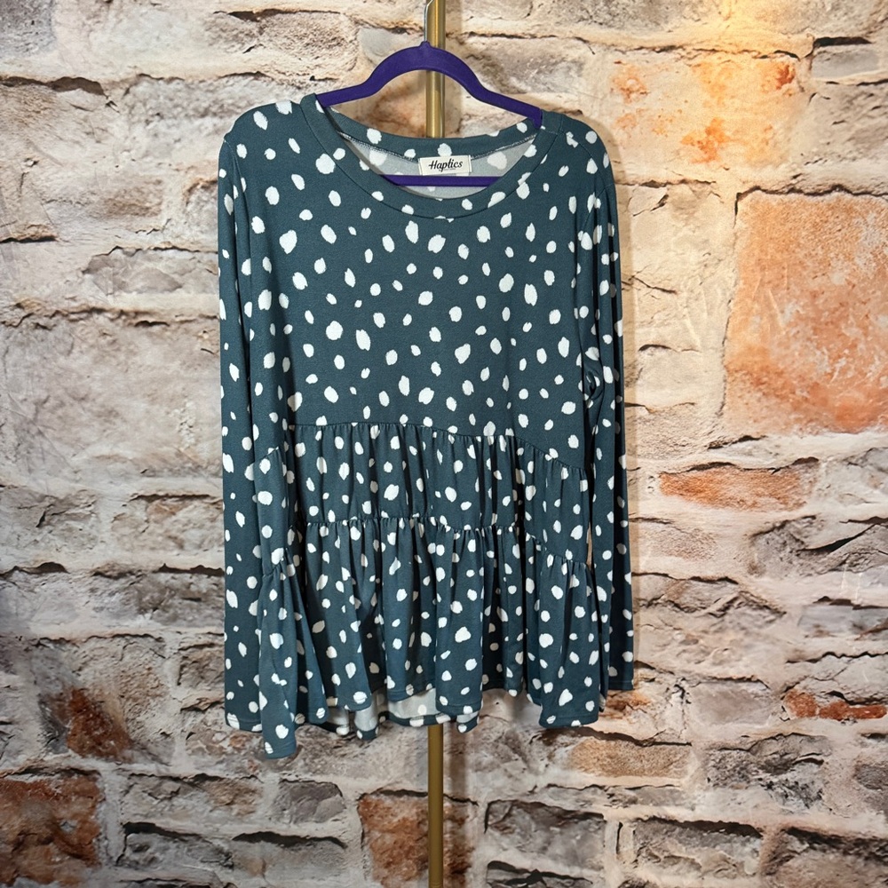 Haptics - Babydoll Long Sleeve Shirt - Green, Cream - 1x